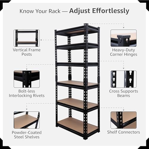 Image of ARLAVYA | 1 Year Warranty | 6 Tier Heavy Duty Boltless Storage Rack (60x24x12 inches) Adjustable Metal Shelving Unit,100kg Load Capacity per Shelf, Multipurpose Storage Rack for Home (Black,DIY)