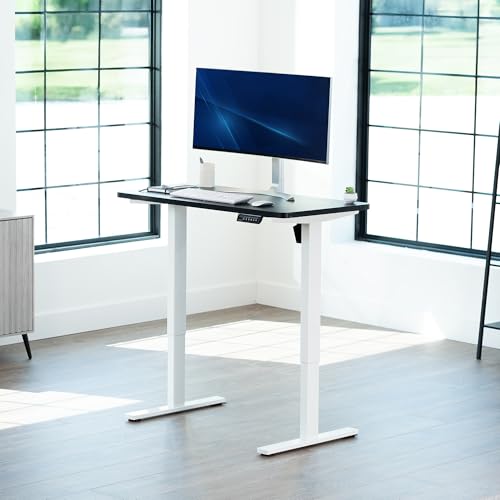 Image of VIVO Black 43 x 24 in Standing Desk, DESK-KIT-1W4B | Electric, Holds 220 lbs, Sit Stand, Height Adjustable, Solid One-Piece Table Top, Memory Presets, 1B Series, White Frame