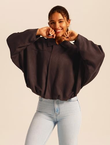 IWEMEK Wildlederjacke Damen Kurz : Oversized Bomberjacke aus weichem Kunstwildleder mit Fleece-Futter, Streetwear Winterjacke für Herbst Übergangszeit, Kurze Lederjacke im Casual Look