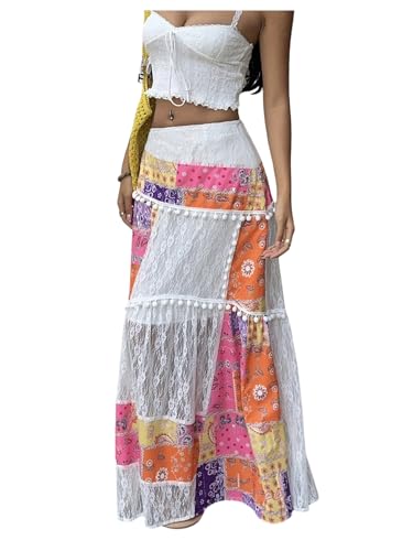 GORGLITTER Women's Lace Patchwork Boho Maxi Skirt Floral Paisley Pompom A Line Peasant Renaissance Skirts