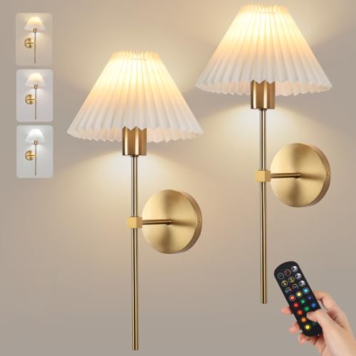 Image of Gold Wireless Wall Sconce Sets of 2, Pleated Shades Rechargeable Battery Operated Wall Sconce, Retro Industrial Wall Lights Bathroom Vanity Sconces, Wall Mounted Lamps for Bedroom Living Room Hallway