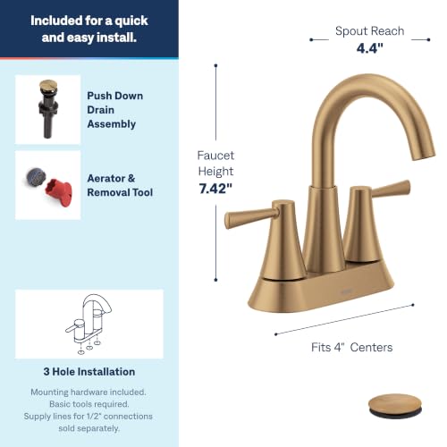Image of Moen 84022BZG Ronan 2-Handle Centerset Bath Faucet, Gold | Push-Down Drain