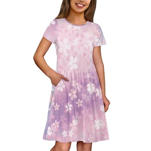 Image of Girls Dress with Pockets Basic Short Sleeve High Waist Swing Skater Dress School Party Dress for Kids