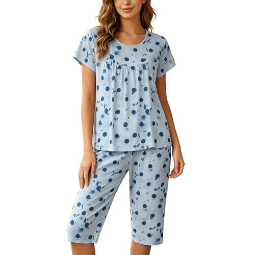 BIBOKAOKE Conjunto de pijama para mujer de manga corta con parte superior estampada y pantalones capri, pijama suave para verano, ropa de dormir cómoda, ropa de casa, ropa de salón, Style#l01 Blue, L