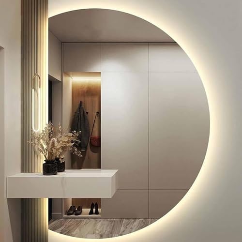 Smart Anti-Fog Touch Button Bathroom Mirror, Tri-Color Dimmable Illuminated, Frameless Half Circle Design, 35"x24", 39"x28" (Left Cut, 28"x39")