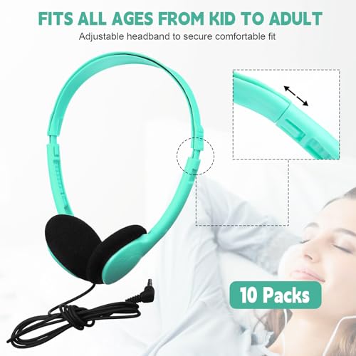 Image of Konohan 10 Pack Headphones Bulk Headphone for School Classroom Student Wired Headphones Adjustable with 3.5 mm Jack for Adults (Emerald Green)