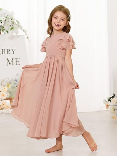 JISISANG Flower Juniort Girl Ivory Casual Dresses Ruched Baptism Long Dress Crew Neck Ruffle Sleeve Princess Dress Casual Holiday Party Gown Ivory Size 142