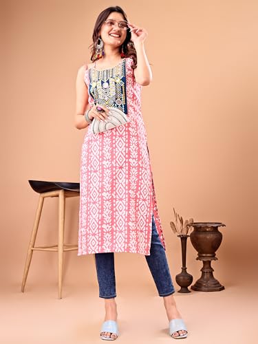 Image of EthnicJunction Women's Cotton Blend Straight Fit Straight Embroidered Batik Print Shoulder Straps Kurta | Navratri Special Kurta
