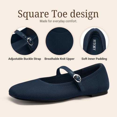 Image of FITORY Flats for Women, Mary Jane Ballet Square Toe Knit Ankle Strap Shoes