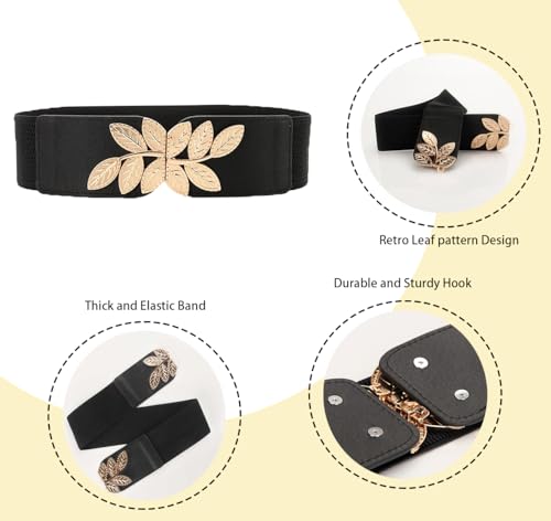 Women's Stretchy Elastic Waist Belt for Dresses, Vintage Wide Leaf Print Design2