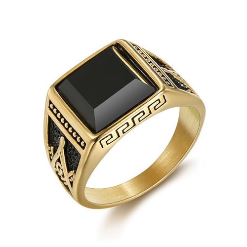 Vintage Black Stone Onyx Signet Ring for Men - Antique Stainless Steel Gold-Plated Freemasonry Masonic Agate Pinky Titanium Steel Gemstone Unique Fashion Biker Jewelry (8)