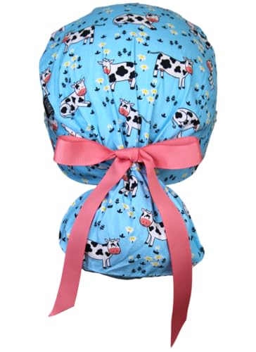 Image of Scrub Cap for Women and Men, Ponytail Scrub Caps, Working Hat, Head Cover with Ribbon Ties and Buttons, Long Hair