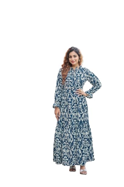 Blue Cotton Fabric No Transparency Frill Pattern Ikhat Print Bishop Sleeves with Elastic Cuffs Gown-image-44