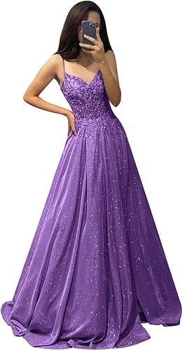 Générique Robes de Bal en Tulle Scintillant Robes à Bretelles Spaghetti et appliqués en Dentelle Robes de soirée Longues à Encolure en V Pourpre 6XL