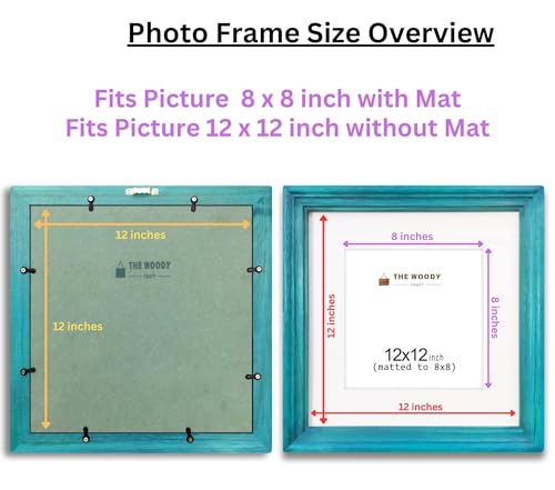 Image of 8 x 8 inch Wooden Photo Frame with Mat, Blue Photo Frame 8 x 8 inch with Mat or 12 x 12 inch without Mat for Wall Decoration, Gallery Walls, Best Wooden Photo Frames for Posters and Photos
