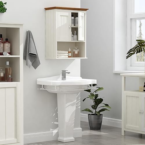 Image of Treocho Wood Medicine Cabinet with Doors, Bathroom Wall Cabinet | Rustic Bathroom Storage Cabinet, Adjustable Shelf, Open & Concealed Storage, 9.2 x 18.9 x 23.4 Inches, White & Brown