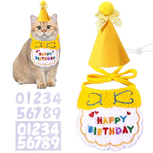 犬 誕生日帽子 バンダナ よだれかけ 2個セット happy birthday 唾液タオル 飾り付け ペット用品 可愛い 猫用 飾り 柔らかく お散歩 食事用 取り付け簡単 おしゃれ 犬 誕生日グッズ 小型犬 (A-イエロー)