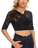 TLGAVQUEEN Womens Lace Half Sleeve Crop Top Floral Mesh Midriff Shirt V Neck Cross Blouse Black S