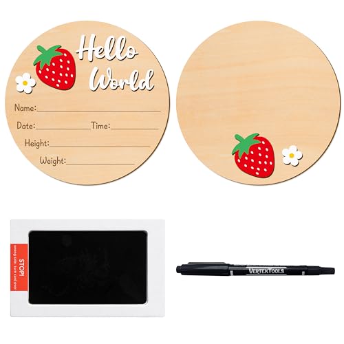 R HORSE Baby Announcement Sign with Ink Pad and Marker Pen 3D Strawberry Hello World Wooden Keepsake for Newborn Handprints Footprints Christening Shower Gift Double-Sided Name Plaque Welcome Sign