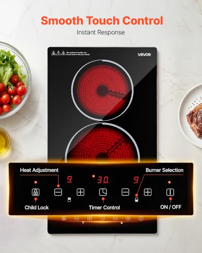 Image of VEVOR Electric Cooktop 12inch 2 Burners Stove Top 3000W 220V No Plug, Ceramic Built-in Radiant Electric Stove, with 9 Power Levels, Timer, Child Lock, Over-Heat Guard, Touch Control
