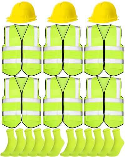 Hillban 18 Pcs Construction Worker Costumes Adult Neon Reflective Construction Vests Hard Hats Socks for Birthday Theme Party(Green)