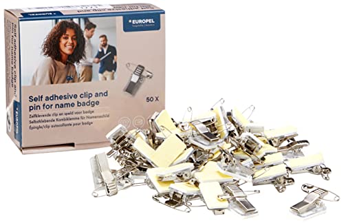 Europel Kombi-Clip für Namensschilder mit Krokodilklemme, Nadel, Selbstklebend Ausweis-Halter Clip für Schule, Hochschulen, Büros & Firmenevent, 23 x 12 mm, 50 Stück Cover