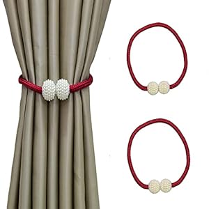 AAMS HOME DECOR Magnetic Curtain Tiebacks Convenient Drape Tie Backs - Pearl Decorative Rope Holdback Holder for Window Drapries (Red)