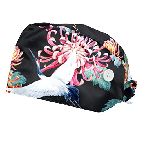 Chapeaux bouffants JDEZ imprimé grue et fleurs x2 pour le travail ajustable