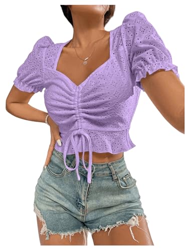 SweatyRocks Women's Drawstring Ruched Eyelet Embroidery T Shirt
