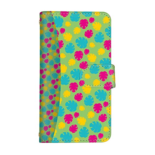 【Amazon.co.jp 限定 】スマ通 らくらくスマートフォン a MR01 対応 ケース 手帳型 携帯 ケース カード入れ付き カラフルな南国の葉っぱ スタンド式 ストラップ穴 レザー カワイイ ライト用 (E.グリーン) tkd-0020