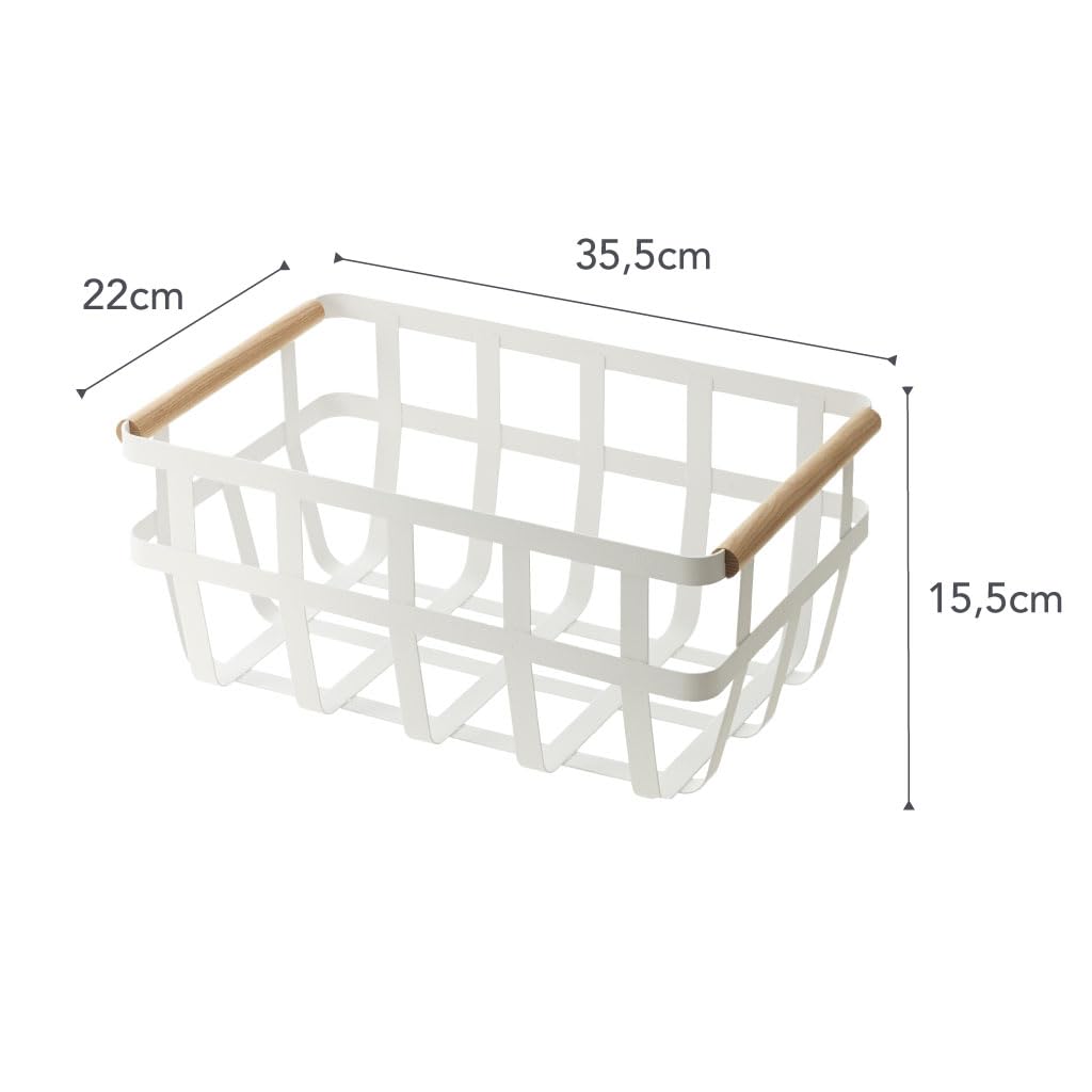 Yamazaki 2507 TOSCA Cesta de almacenamiento con 2 asas, blanco, Acero/Madera, minimalista, 36 x 22 x 16 cm