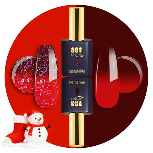 YTD Likomey Color Changing Gel Nail Polish 2 Pcs Set,15ml Red to Burgundy Red Pure Color and Brocade Glitter Kit,Thermal Ombre Change Colors Salon Manicure Fall Winter UV Nail Varnish,WB2-2