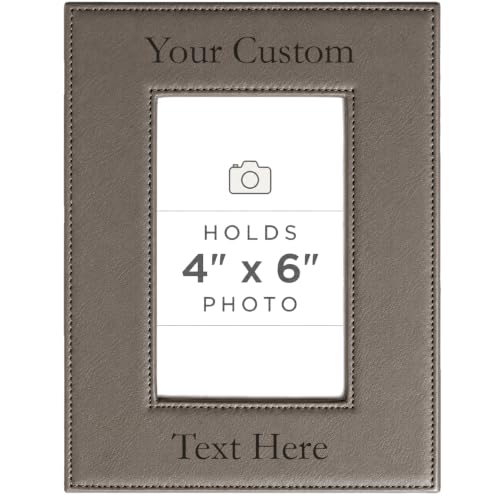 CustomGiftsNow Personalized Add Your Custom Text Engraved Leatherette Faux Leather Hanging/Tabletop Personalized Group Family Photo Picture Frame (Gray 4x6-inch Vertical)