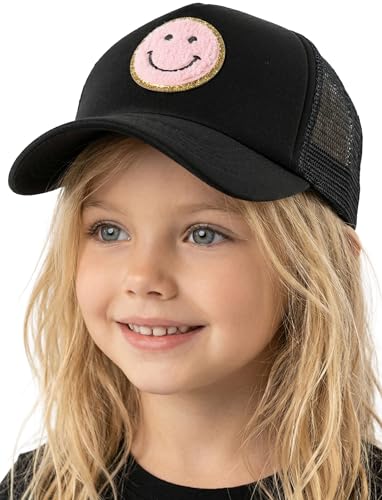 Funky Junque Kids Trucker Hat Adjustable Toddler Girl & Boy Baseball Cap Mesh Snapback Hat Ages 210 for Outdoor Play -Smiley - Black/Pink