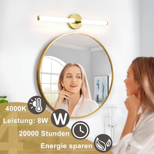 Homefire LED Spiegelleuchte Bad 60CM - Spiegellampe Badezimmer Gold Badleuchte Wand 8W Wasserdicht IP44 Wandlampe Modern Neutralweiß 4000K Wandleuchte für Badschrank Küche Flur