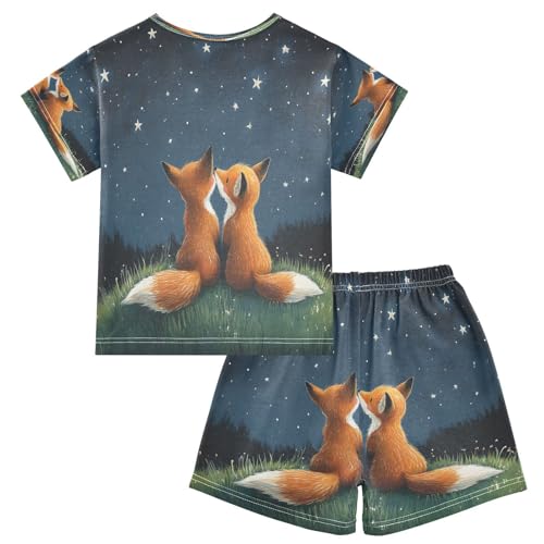 ALAZA Fox Space Starry Sky Pajamas Set Short Sleeve Cotton Sleepwear Summer Pjs 2 Piece 5-14Y2
