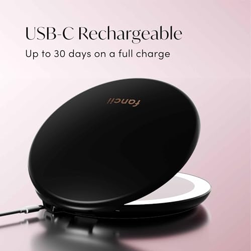 Image of Fancii Taylor LED Lighted Travel Makeup Mirror, Rechargeable with 10x /1x Magnifying & 3 Light Settings - Compact, Portable, Large 5 inch Wide Hand Mirror for Handbag and Purses (Black)