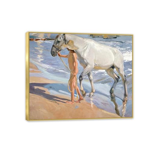 Toile peinture Le Bain du Cheval Sorolla cadre doré pour s'évader
