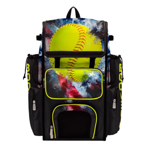 Boombah Superpack Bat Bag - Backpack Version (no wheels) - Holds 4 Bats - USA Softball Vintage Black/Red/Optic Yelllow