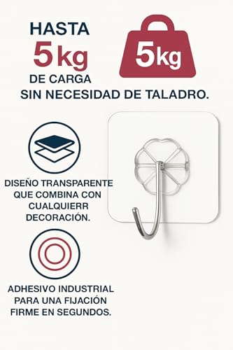 Miniatura 7 de Nerira 10 Ganchos Adhesivos Para Pared Fuertes Sin Taladro, Transparentes E Impermeables Para Baño Y Cocina Ganchos Para Colgar Multiuso Para Hogar Y Oficina