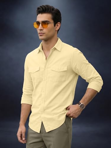 Image of Veirdo Men's Pure Cotton Utility Shirt | Full Sleeve Casual Button-Down with Dual Chest Pockets | Stylish & Comfortable Everyday Wear | Colors: Beige, Black, Maroon, Olive, Rust & White