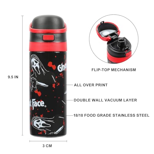 Image of Ghostface Mask & Blood Splatter All-Over Print Black 24 Oz Stainless Steel Water Bottle