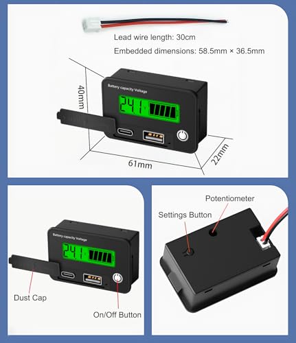 Vielseitiger Batteriemonitor – kompatibel mit Blei- & Lithium-Batterien – USB-C-Digital-Voltmeter – Schnellladung – für Autos/Motorräder (8-30 V DC) (KVN-BTV-B(Staubschutz))