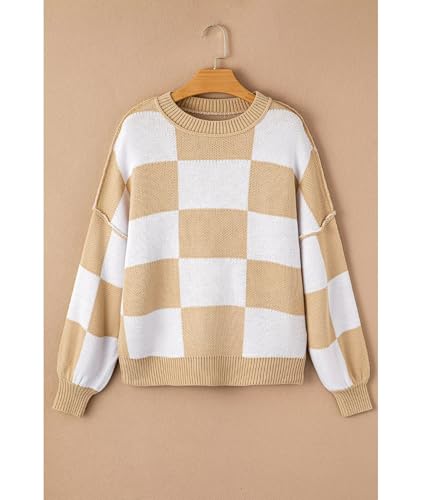 Image of Women's Casual Crew-Neck Long Sleeve Sweater Checkered Pullover Knit Sweaters Jumper Top