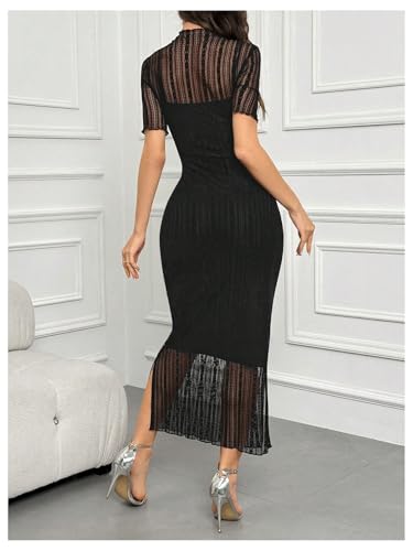 Floerns Women's Contrast Lace Mock Neck Pencil Dress Mesh Short Sleeve Slit Midi Dresses2