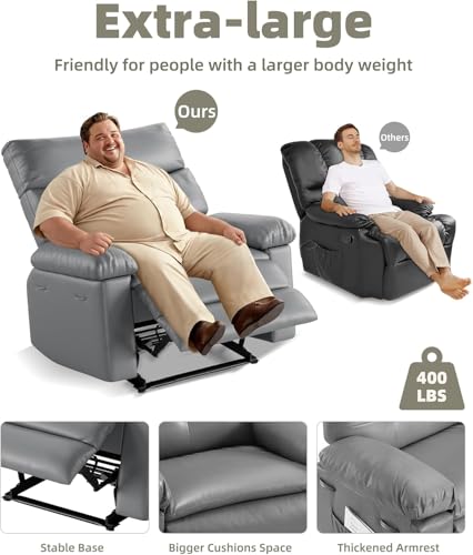Image of Oversized Wide Manual Recliner Chair with Heat and Massage, Faux PU Leather Large Lazy Chair for Adults, 1.5X Thick Sponge, Easy Recline Mechanism for Living Room Relaxation, Gray