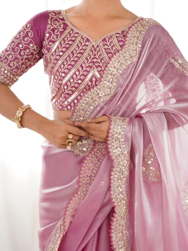 Image of Satrani Women's Tissue Silk Sequin Embroidery Scalloped Border Saree with Unstitched Blouse Piece