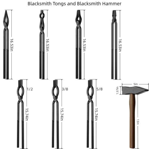 Image of 8PCS Blacksmith Tongs & Hammer Set for Knife Making, Includes 3 /8 inch 1 /2 inch 5 /8 inch V-Bit Bolt, Pick Up, Scrollings, Flat Jaw and Flat Tongs, Heavy Duty Forging Tools Kit for Bladesmithing