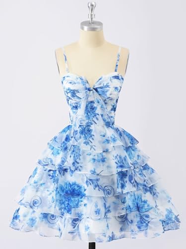 SoDigne Tiered Ruffles Short Homecoming Dresses with Bow Corset Floral Print Mini Cocktail Party Gown2