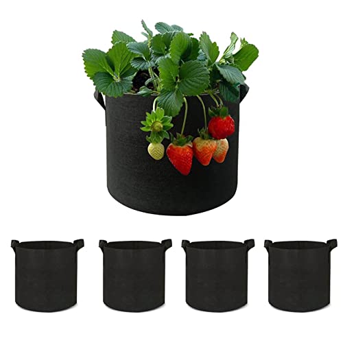 MJL 5 Pcs 4 Gallons Round Felt Plant Grow Bags with Handles- Non-Woven Fabric Garden Planting Pot Containers for Vegetables Flowers Growing (Black)